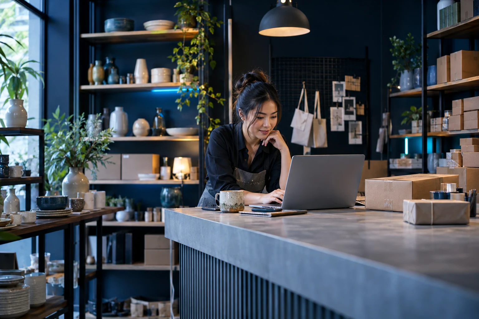 Illustrative business owner reviewing her business on a laptop
